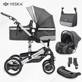 veska VESKA® 3 in 1 Kombi-Kinderwagen inkl. Babyschale, Buggy, Jogger mit Wickeltasche, Moskitonetz, Regencover, Spieltisch, Autoschale Fußsack, QuickFold, Aluminiumrahmen Silber - anthrazit/anthrazit