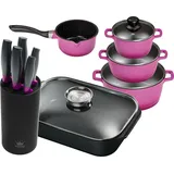 11tlg. KING Vorteilsset BERRY: 4tlg. Kochtopfset Aluguss Berry, 3xKochtöpfe in Ø16,Ø20,Ø24cm, 1xStieltopf Ø16cm + 6tlg. Messerset CARBON BERRY... - Violett