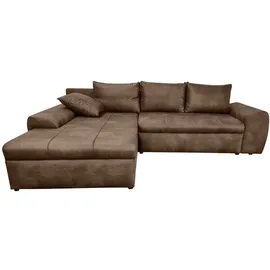 luma-home schönes für dein zuhause Ecksofa mit Schlaffunktion und Bettkasten 266/186/90 cm, Ottomane links, Mikrofaser Leder-Optik Braun / 18014