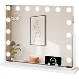 YITAHOME 15 LED-Schminkspiegel mit Beleuchtung, Hollywood-Stil mit USB & Type-C Anschluss, 3 Farbtemperaturen dimmbar, 10X Vergrößerungsspiegel & Handyhalterung, Weiß, 58x46cm