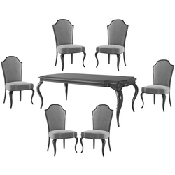 Casa Padrino Luxus Barock Esszimmer Set Grau / Schwarz / Silber - 1 Esszimmertisch & 6 Esszimmerstühle - Barock Esszimmermöbel - Luxus Qualität - Edel & Prunkvoll