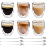 Latte Macchiato Gläser Doppelwandig Espressotassen Set, 6 x 350ml Doppelwandige Gläser mit 6 Löffeln, Cappuccino Tassen Kaffeegläser Kaffeetassen Eiskaffee Glas Thermogläser Kaffeebecher
