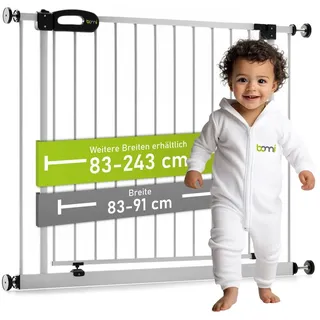 BOMI Türschutzgitter Treppenschutzgitter ohne Bohren, Absperrgitter Metall, Merle 83-243 cm (verschiedene Größen, klemm- & verschraubbar, Kinderschutzgitter mit Feststellfunktion), Automatik-Tür & 3-fach Sicherheitsverschluss, weiß, Baby + Kleinkind weiß 83 cm x 77 cm