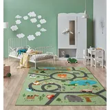 The CarPET Happy Life – Kinderteppich Spielteppich mit Straßen‐Motiv, Dschungel, Tiere & Autos, rutschfest & pflegeleicht, ideal fürs Kinderzimmer, Grün, 120 x 160 cm