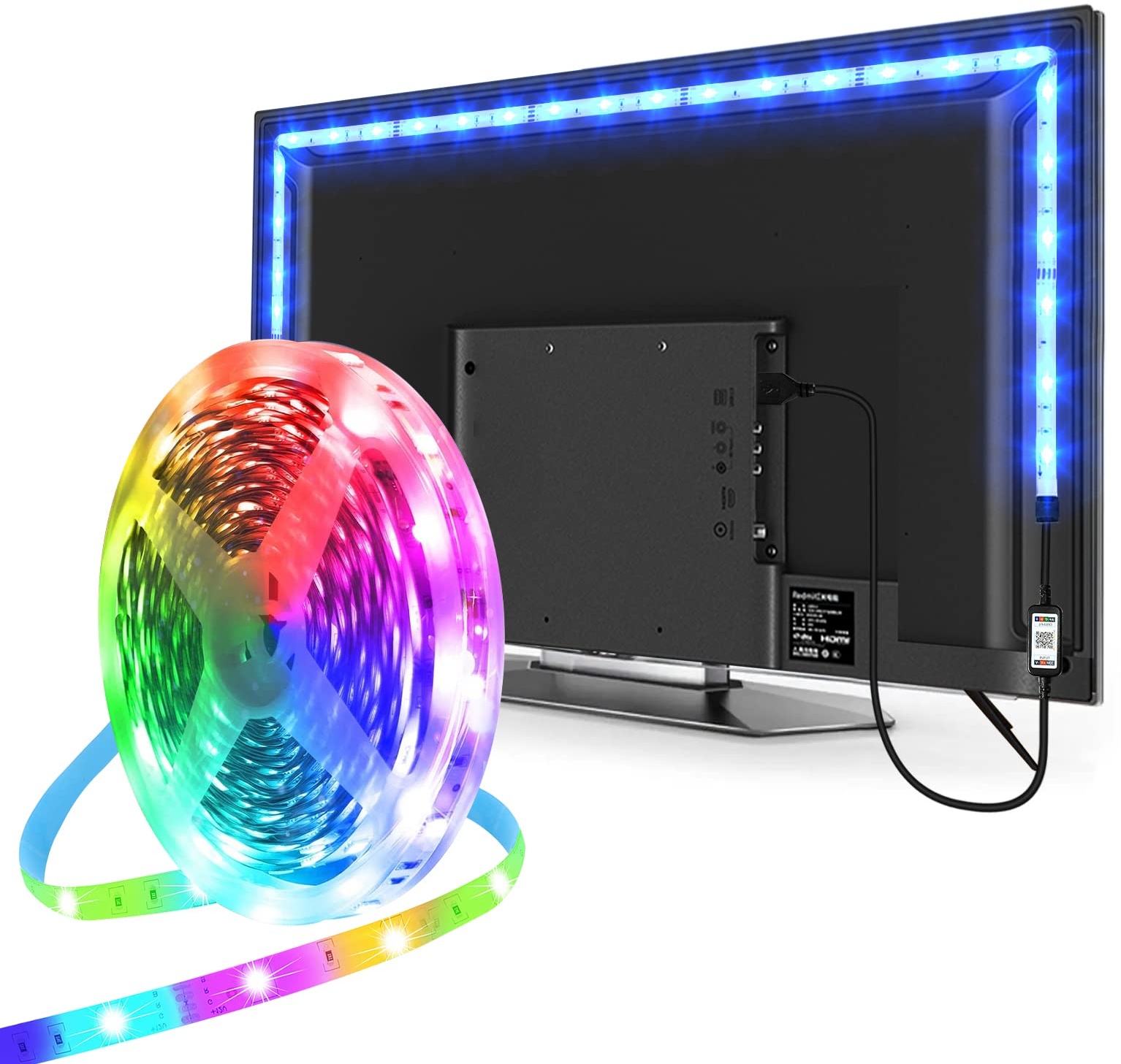 LED Strip 5m, USB Led Beleuchtung Hintergrundbeleuchtung Fernseher für 65 bis 75 Zoll HDTV, TV-Bildschirm, PC-Monitor, Deko, Party, Steuerbar mit App, LED TV Hintergrundbeleuchtung Sync mit Musik
