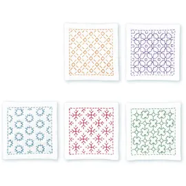 OM System Olympus Thread Hitomezashi Sashiko Stickpackung Untersetzer weiß 5Stk mit dünnem Sashiko Garn Stoff bedruckt, Multifarbig