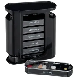 Relaxdays Pillendose 7 Tage, wöchentliche Tablettenbox, 4 Fächer, morgens, mittags, abends, nachts, schwarz