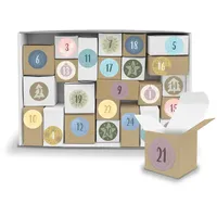 DIY itenga Adventskalender Komplettset V12 zum Selberbefüllen und Karton zum Aufstellen 24x Geschenkoxen aus Kraftkarton + ZahlenSticker (Motiv Z17 Pastell klassisch)