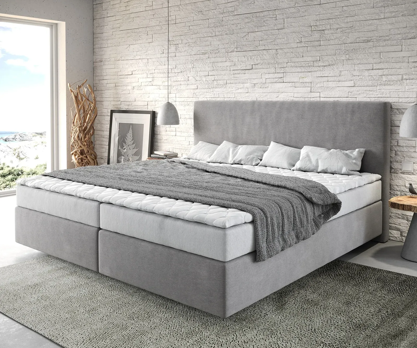 DELIFE Lit-à-sommier-tapissier Dream-Well Microfibre Gris 200x200 cm Matelas Bonell Surmatelas PU, Lits à sommier tapissier