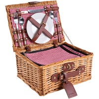 eGenuss Handgefertigtes Picknickkorb für 2 Personen mit Kühlfach, Multifunktionsmesser, Edelstahlbesteck, Porzellanteller und Weingläser | ROT