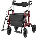 Costway 2in1 Rollator & Rollstuhl faltbar mit Sitz Luftbereifung bis 140 kg Rot