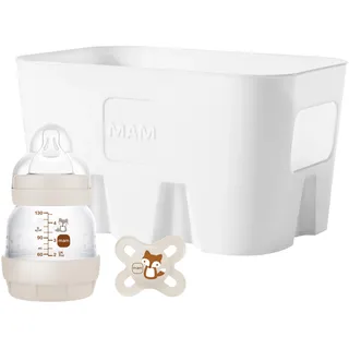 MAM Easy Start Anti-Colic Combi Set XS, Baby Erstausstattung mit Anti-Colic Flasche (130 ml), inkl. Sauger Größe 0, MAM Start Schnuller und Flaschenkorb, Baby Geschenk Set, ab der Geburt, beige