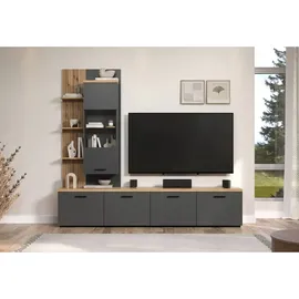 trendteam Wohnwand HOME AFFAIRE "Bajo", anthrazit, evoke eiche, B:240cm H:212cm T:40cm, Glas, Holzwerkstoff, Kunststoff, Kastenmöbel-Sets, Wohnwand, Set bestehend aus: 2x TV-Lowboards, 1x Hängevitrine