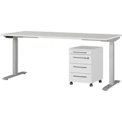 Büromöbel-Set GERMANIA "Agenda", silber (lichtgrau, silber), elektrisch höhenverstellbar Schreibtisch Breite 180cm, Spanplatte, Metall, Kunststoff, Arbeitsmöbel-Sets, Set bestehend aus höhenverstellbarem Schreibtisch und Rollcontainer