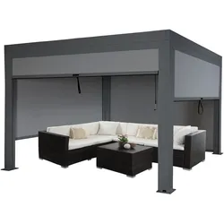 Pergola HWC-L46 mit Seitenwand, Gartenpavillon Lamellen-Pavillon Rollo, 11cm-Alu-Gestell, sturmfest 3x4m ~ anthrazit