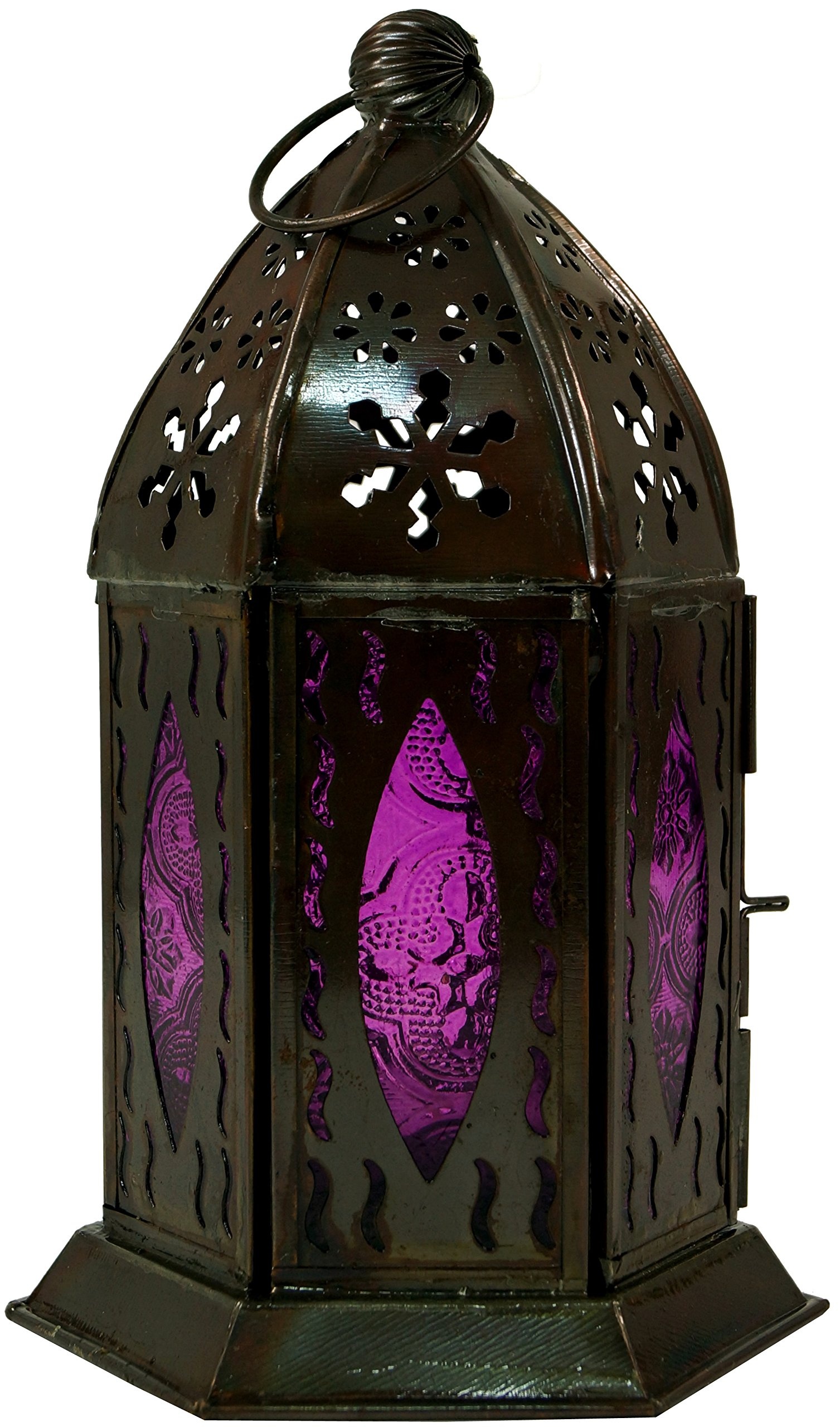 GURU SHOP Orientalische Metall/Glas Laterne in Marrokanischem Design, Windlicht ., Lila, Farbe: Lila, 18x10x10 cm, Orientalische Laternen