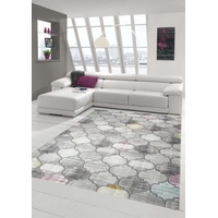 Designer und Moderner Teppich Kurzflor Marokkanisches Muster in Grau Lila Senfgelb Größe 120x170 cm