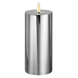 LED Kerze silber glänzend festliche Kunststoff Stumpenkerze Timer H: 17,5cm