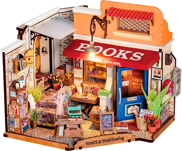 Miniatur Bücherladen Bastelset Holzmodell 182 Teile - Rolife Klein, aber oho Antiquariat - DIY Geschenkidee, LED-Beleuchtung