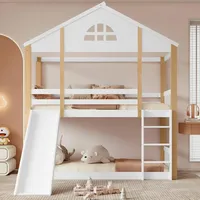 Hochbett 90x200 cm Kinderbett Kiefer Massivholz Hausbett mit Rutsche & Leiter Spielbett Kinderzimmermöbel Weiß Natur Ohne Matratze - Weiß