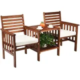 Sitzbank mit Tisch, 2-Sitzer Holzbank mit Sitzkissen & Schirmloch, Gartenbank aus Akazienholz bis 350 kg belastbar, Terrassenbank für Balkon, Garten, Terrasse, 165 x 65 x 88 cm