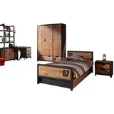 58 aufm Kessel Jugendzimmer-Set Kinderzimmer Set komplett Kameko 11 Massivholz+MDF Schwarz/Cognac, (inkl. Versand, Lieferung bis Verwendungsstelle), Nachtkonsole, Bett, Bettschublade, Kleiderschrank, Schreibtisch, Regal beige|schwarz