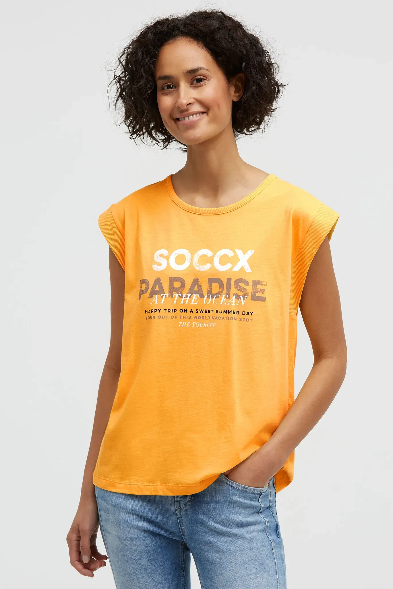 Rundhalsshirt SOCCX, Damen, Gr. 3XL, fresh mango, Single Jersey, Material: 100% Baumwolle, bedruckt, regular fit normal, Rundhals, Shirts Rundhalsshirt, aus Baumwolle