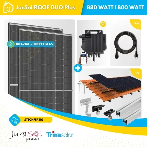 Balkonkraftwerk für Ziegeldach Growatt - 880 Watt 800 Watt - Bifazial Doppelglas - JurSol ROOF DUO Plus