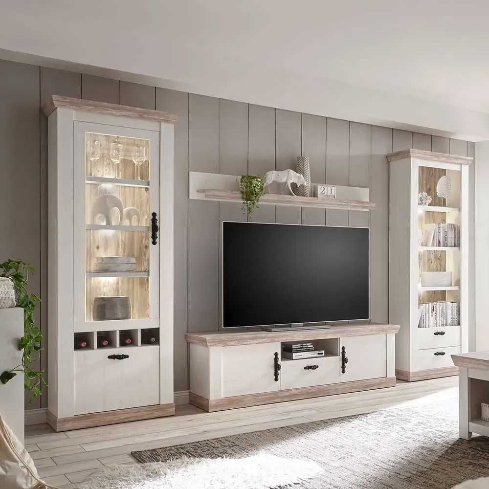Wohnzimmer Schrankwand im Landhaus Design Pinie Weiß (vierteilig)