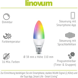 linovum 4 Stück LED E14 Lampen Smart RGB WLAN kompatibel mit Alexa Echo, Google Home - App- & Sprachsteuerung dimmbare Lichtfarbe CCT