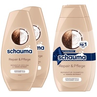 Schauma Shampoo Repair & Pflege 2er Pack (1x 2x400 ml) sorgt für Geschmeidigkeit, Reparatur-Shampoo für strapaziertes & trockenes Haar & Spülung (2x 250 ml) Haarspülung mit Kokos-Extrakt