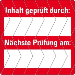 Aufkleber I Siegel Inhalt geprüft durch:, rot/weiß, Folie, selbstklebend, 40x40mm, 12/Bogen