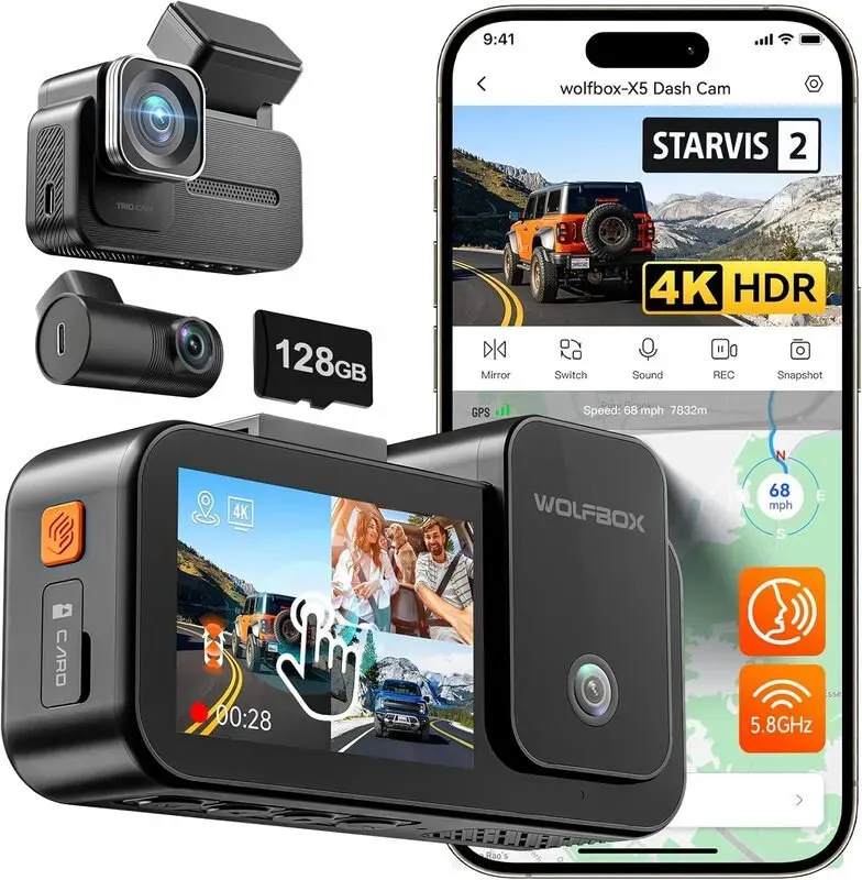 WOLFBOX X5 3-Kanal 4K-Dashcam STARVIS 2 IMX678 4K+2,5K Front- und Rückfahrkamera Innenkamera Triple-Kamera 5,8 GHz WLAN Spiegel-Kfz-DVR