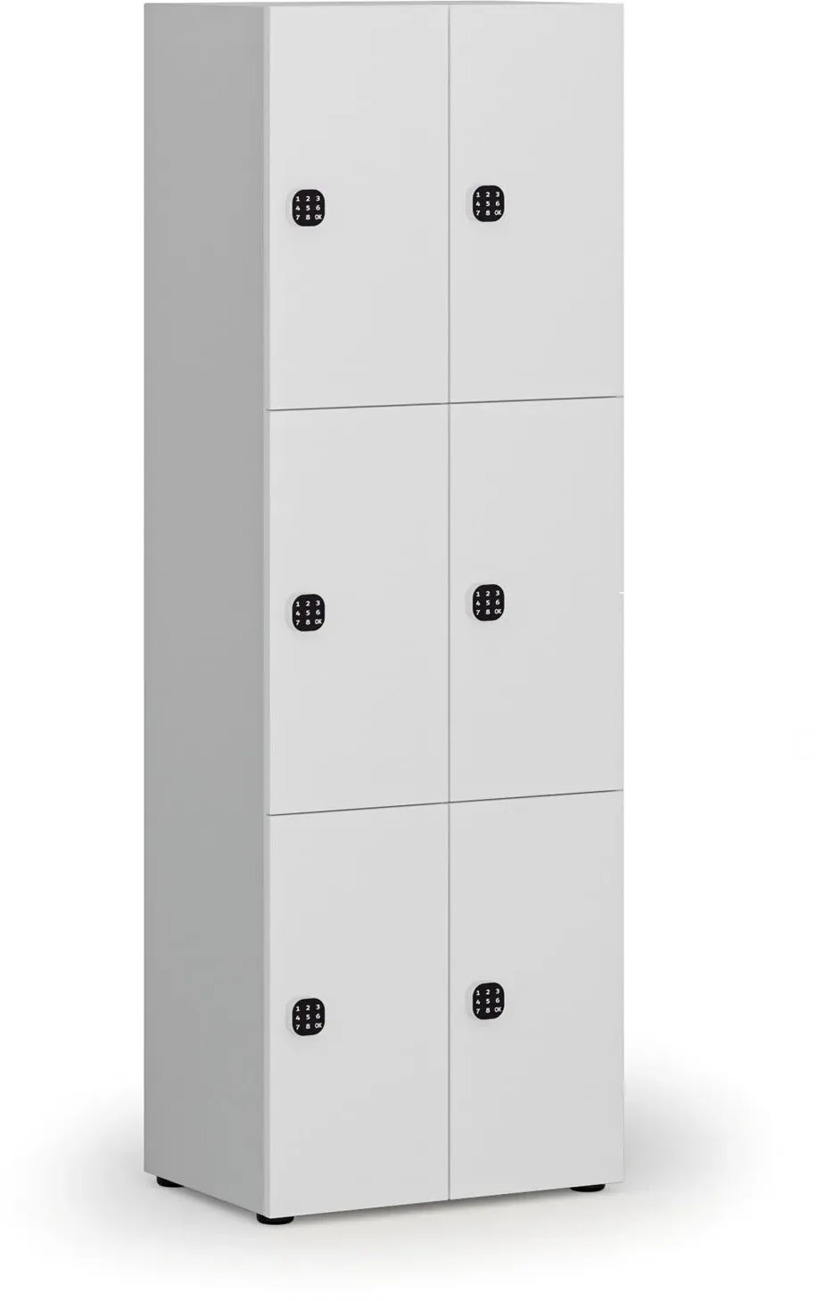 Holzspind S4 mit Ablagefächern, 6 Fächer, zerlegt, Codeschloss, grau/weiß