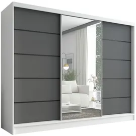 mebloland Schwebetürenschrank, 3-türig Schrank 200 cm mit Spiegel AURELIA 2 (Weiß | Graphit) - Weiß/Grau