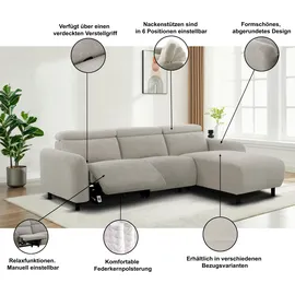 OTTO home Ecksofa OTTO HOME "SKAANE Struktur, L-Form, 274 cm, manuelle/elektrische Relaxfunktion", grau (hellgrau), B:274cm H:100cm T:181cm, 100% Polyester, Sofas, Ecksofa, rundes Design, Kopfteilverstellung, Federkernpolsterung