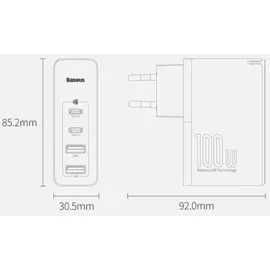 Baseus GaN2 Pro Quick Charger (100 W), USB + 2x USB-C 100W EU Schwarz