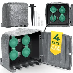 KESSER® Gartensteckdose Steinoptik mit 4 Steckplätzen Inkl.Erdspieß, Mehrfachsteckdosen aussen mit 3m Verlängerungskabel Außensteckdose IP44 Wasserdicht Steinsteckdose mit ON/Auto Dämmerungssensor