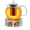 Teekanne aus Glas 1,3l + ein Stövchen aus Edelstahl, 3-teilige Glasteekanne mit integriertem Edelstahl Sieb und Glasdeckel, ideal zur Zubereitung von losen Tees, tropffrei