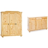 Inter Link Bauernschrank Kleiderschrank Dielenschrank Landhausschrank Garderobenschrank 3 Türig Kiefer massiv Natur lackiert & Sideboard mit drei Türen und drei Schubladen, braune Farbe, 130x87x43 cm.