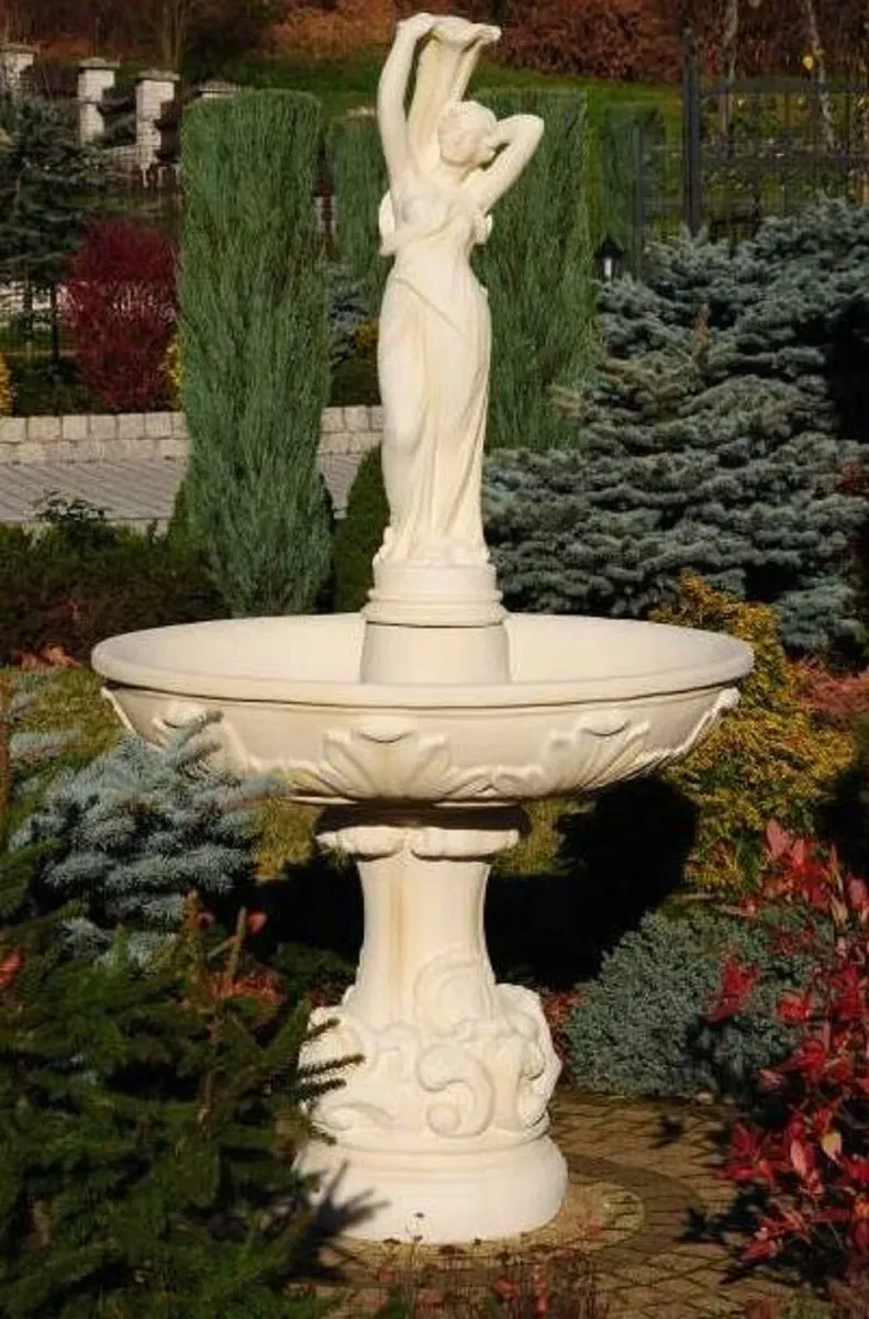 Casa Padrino Barock Springbrunnen Beige Ø 110 x H. 180 cm - Prunkvoller Gartenbrunnen im Barockstil - Runder Gartendeko Stein Brunnen - Barock Garten Deko Accessoires