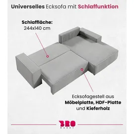 bromarkt Ecksofa PABLO Schlaffunktion Bettkasten L-Form 294x185x85cm Hellgrau Links - Hellgrau
