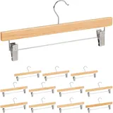Relaxdays Hosenbügel Holz, 12 Stück, verstellbare, gummierte Clips, 360° drehbarer Haken, Rockbügel, 35,5cm breit, Natur