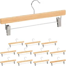 Relaxdays Hosenbügel Holz, 12 Stück, verstellbare, gummierte Clips, 360° drehbarer Haken, Rockbügel, 35,5cm breit, Natur