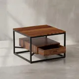 KADIMA DESIGN Sofatisch mit Schublade, Quadratisches Design, Couchtisch Sheesham Massivholz/Metall, 60x60x40 cm