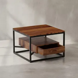 KADIMA DESIGN Sofatisch mit Schublade, Quadratisches Design, Couchtisch Sheesham Massivholz/Metall, 60x60x40 cm