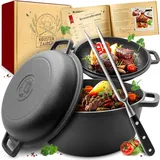 krustenzauber Gusseisen Topf [inkl. Fleischgabel] - Robuster 26cm Gusseisen Bräter mit Deckel Backofengeeignet - Ideal als Schmortopf Induktion, Dutch Oven Set, Kazan, Cast Iron Pot, Kochtopf