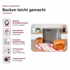 Unold Brotbackautomat BackProfi 68476 | bis 1000 g mit Nussspender, 18 Programme Touchscreen, & Drehknopf, Keramikbeschichtung, Timer - Silber