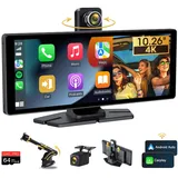 Vtopek Carplay Display mit 4K Dashcam 10,26-Zoll Wireless Apple Carplay Android Auto Display mit HD IPS Touchscreen Driveplay mit Mirror Link Dual-Bluetooth Carplay mit Rückfahrkamera 64G TF-Karte