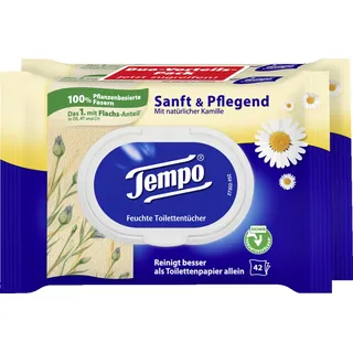 Tempo sanft & pflegend feuchte Toilettentücher, Feuchttücher mit natürlicher Kamille, 1 Doppel-Packung = 2 x 42 Tücher,